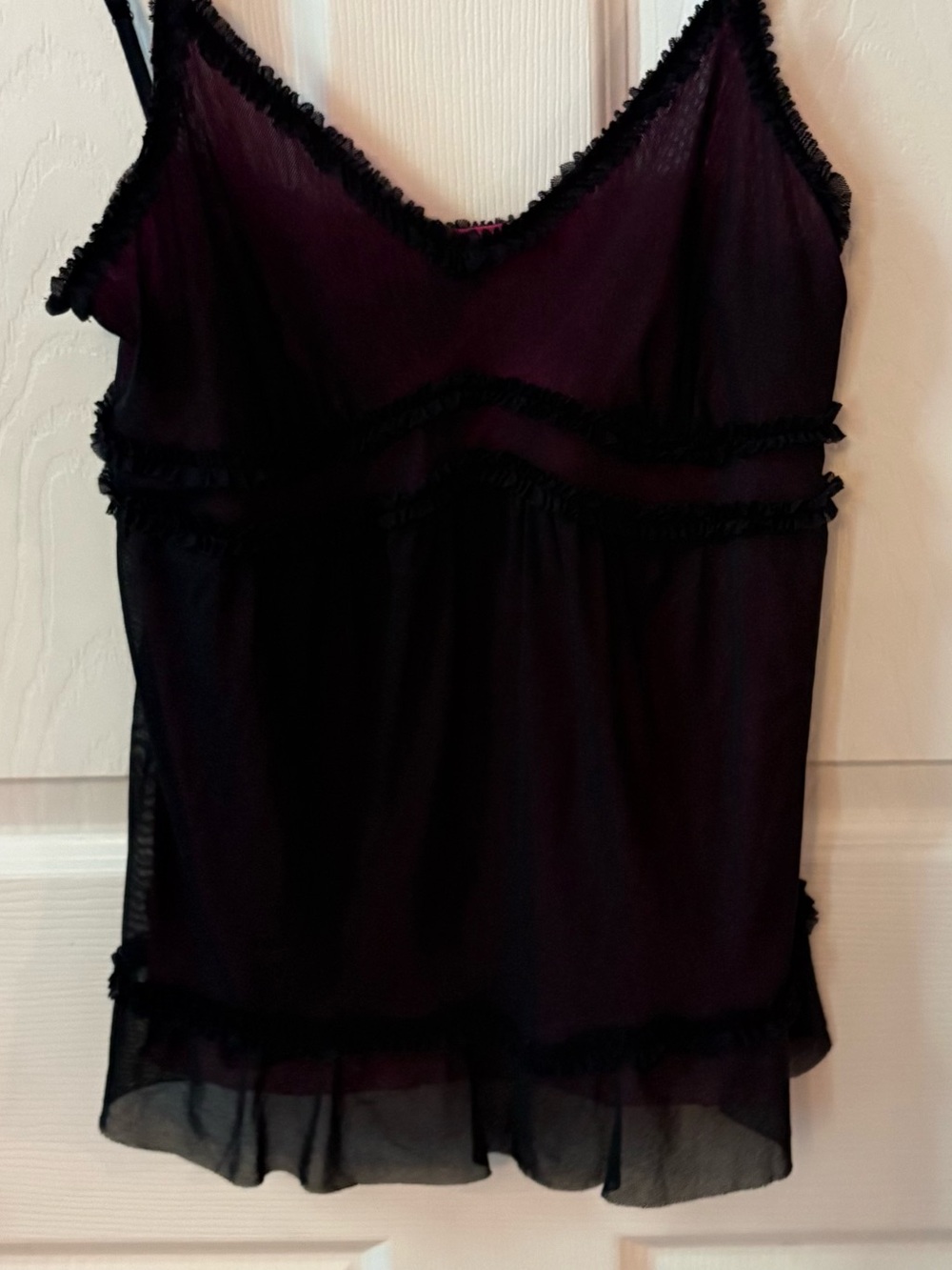 Vintage Express Y2K Babydoll Black Mesh Ruffle Camisole Top Pink Lining S